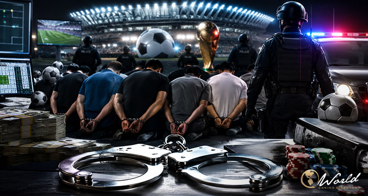 香港警方打击足球赌博集团的概念图，画面呈现被捕人员、手铐、现金、筹码与足球赛事背景