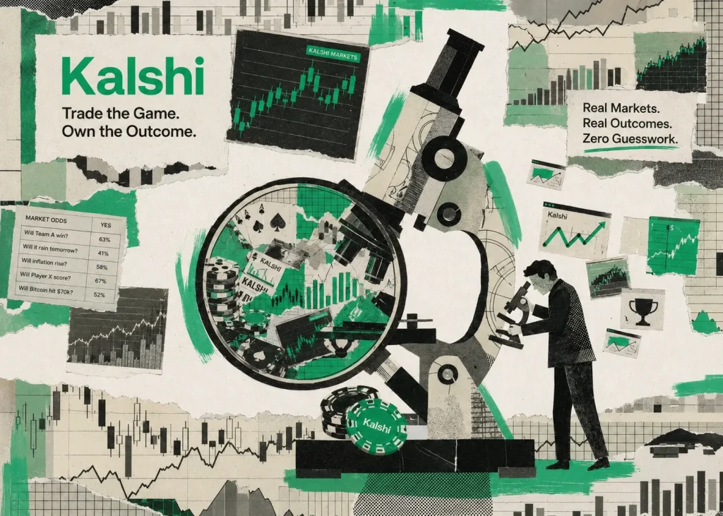 Kalshi预测市场品牌宣传图，展示市场赔率面板、K线图表与筹码，配合平台推出风险评分与内幕交易防控机制报道