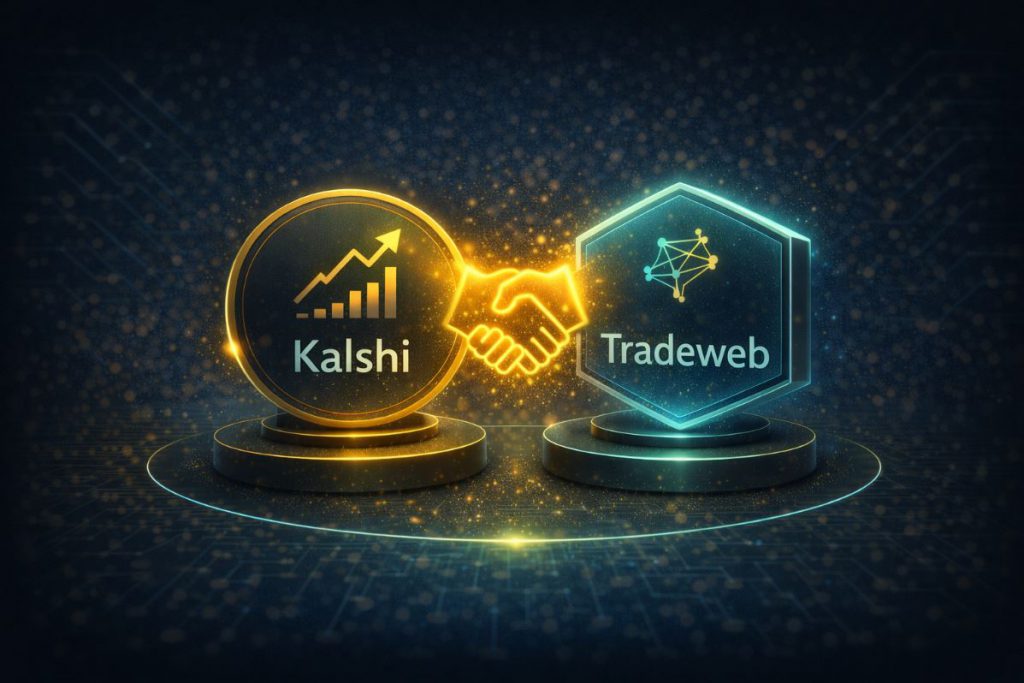Kalshi与Tradeweb标志通过握手图案连接，象征预测市场数据与机构交易平台合作