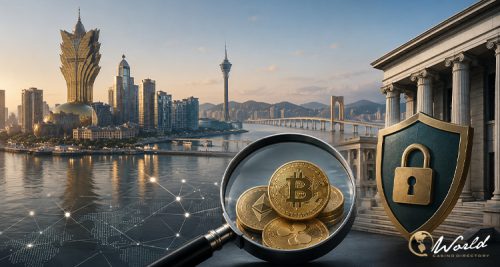澳门城市天际线与虚拟资产监管示意图，画面包含加密货币、放大镜、盾牌和法院建筑，象征澳门推进反洗钱框架改革