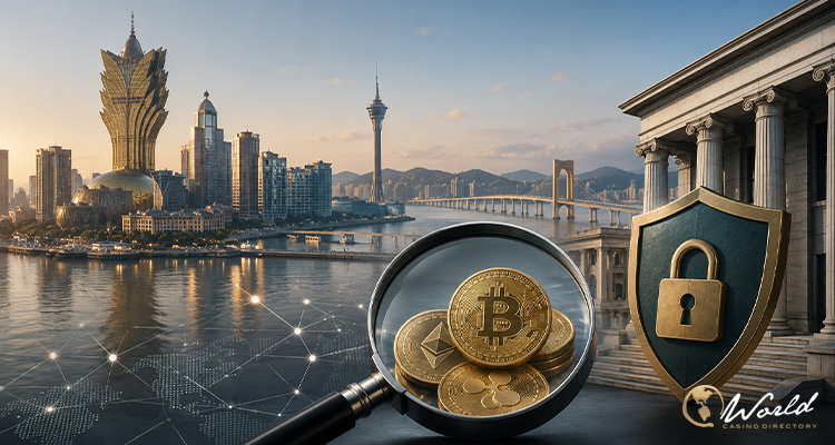 澳门城市天际线与虚拟资产监管示意图，画面包含加密货币、放大镜、盾牌和法院建筑，象征澳门推进反洗钱框架改革