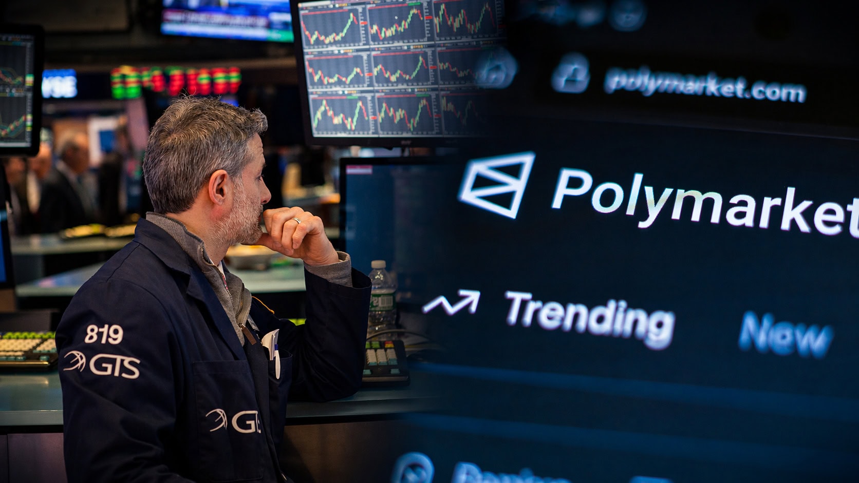 华尔街交易员查看Polymarket平台上的GPU计算价格合约，展示人工智能算力风险管理与机构交易趋势
