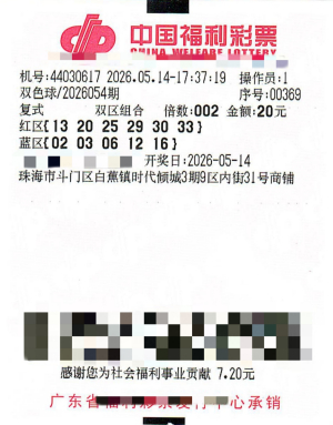 中国福利彩票双色球第2026054期中奖彩票，票面显示20元2倍6+5复式投注和中奖号码信息