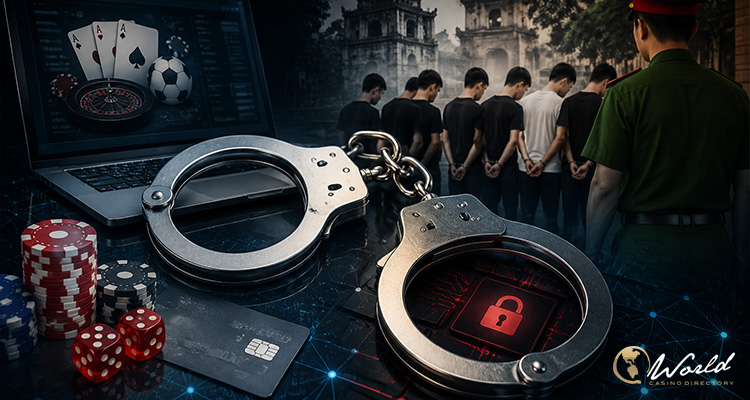 越南河內警方调查SEO公司涉嫌协助无牌赌博网站导流，画面包含手铐、筹码、电脑设备与加密货币元素