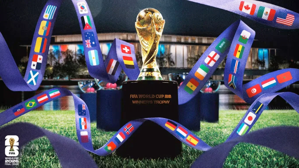 2026年世界杯冠军奖杯与参赛国家旗帜主题装置