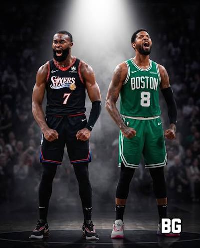 杰伦·布朗与保罗·乔治站在聚光灯下的NBA交易视觉图