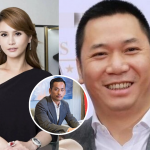 女子身穿黑色礼服站立留影，右侧为两名男子的头像合成照片