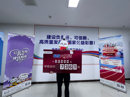 体彩大乐透第26068期773万余元大奖得主在陕西省体彩中心兑奖合影