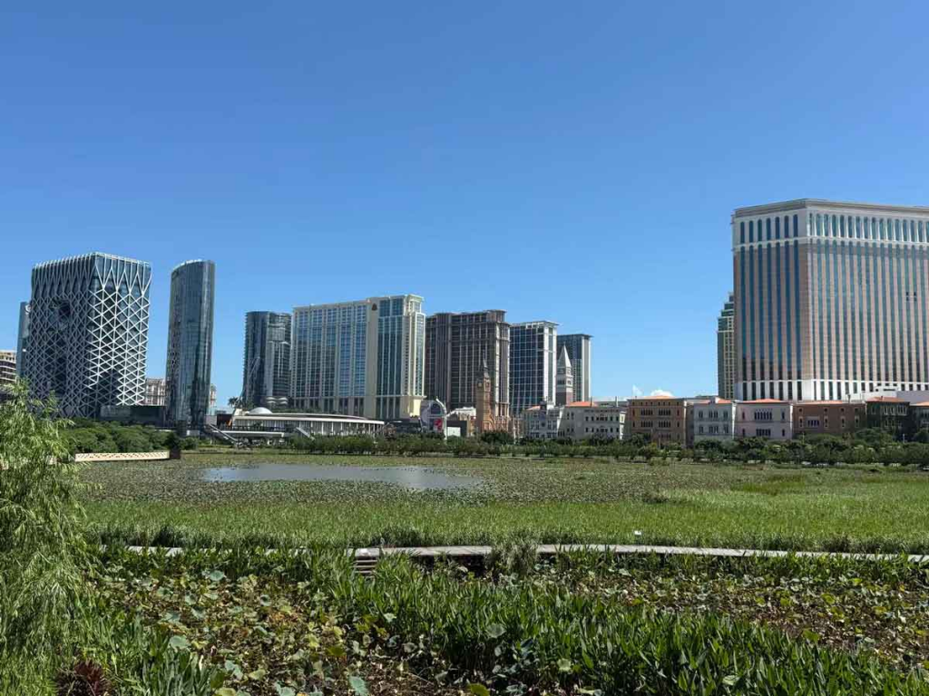 澳门路氹城赌场酒店群与湿地景观，象征澳门警方打击娱乐场非法直播赌局案件