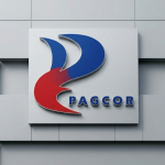 菲律宾娱乐博彩公司PAGCOR标志悬挂在建筑外墙上，代表菲律宾博彩监管机构