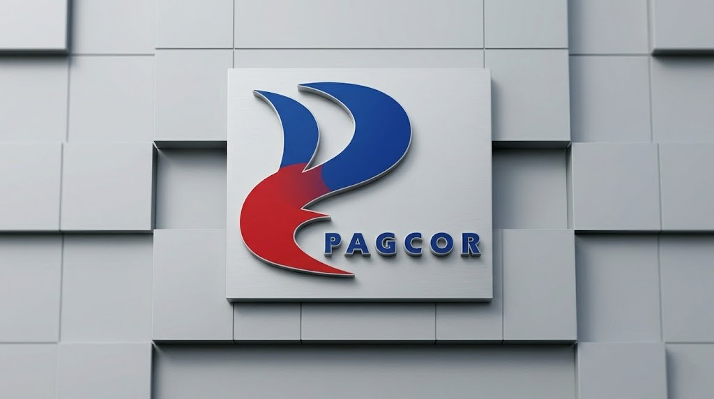 菲律宾娱乐博彩公司PAGCOR标志悬挂在建筑外墙上，代表菲律宾博彩监管机构